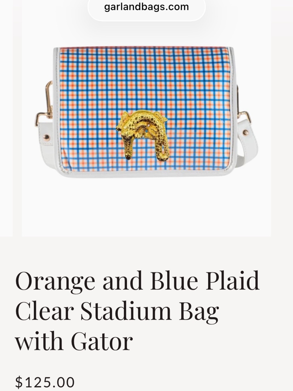 Garland Bags Orange and Blue Plaid Clear Stadium Bag with Gator